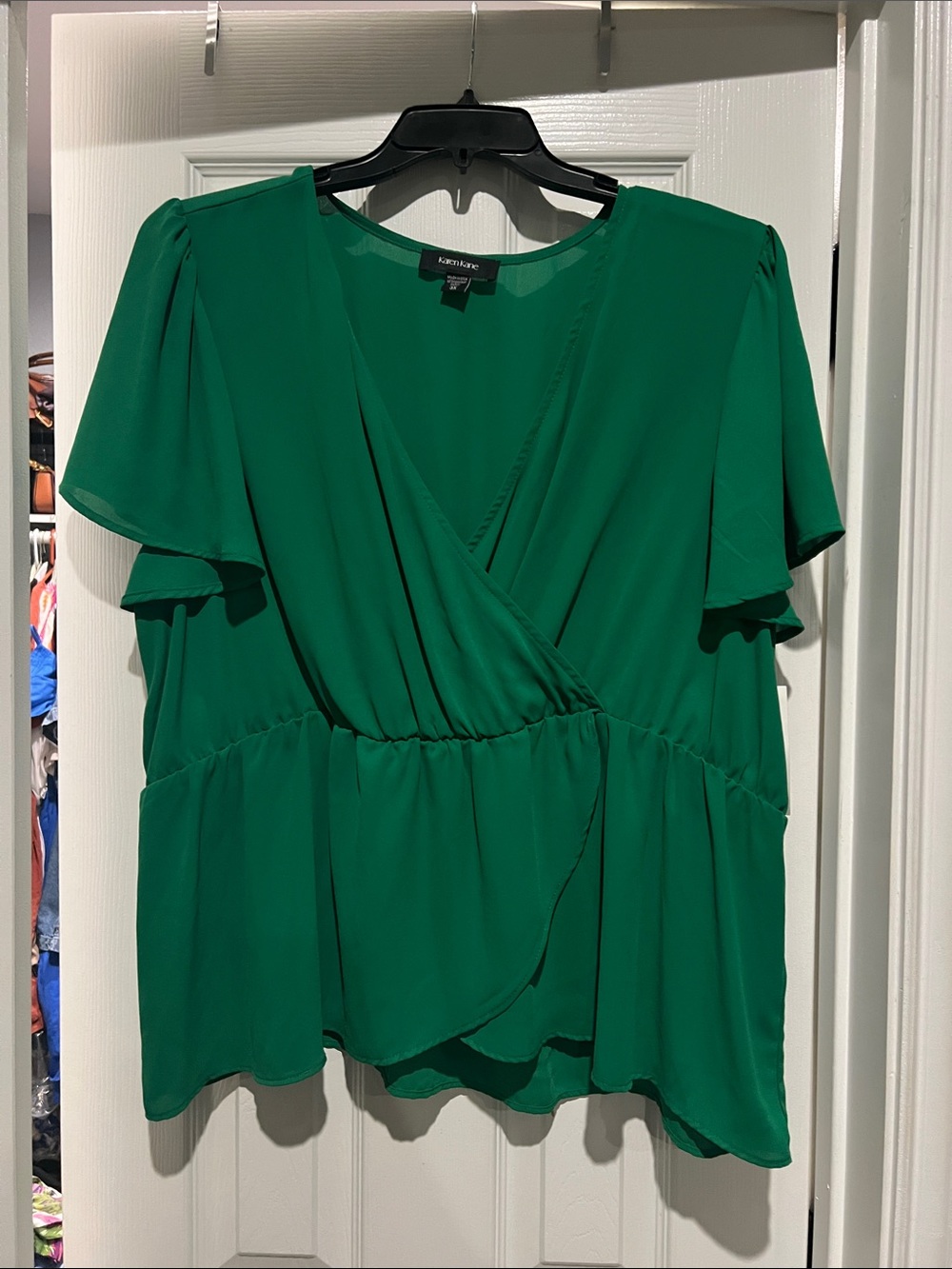 Karen Kane Emerald Green, translucent Peplum Blouse